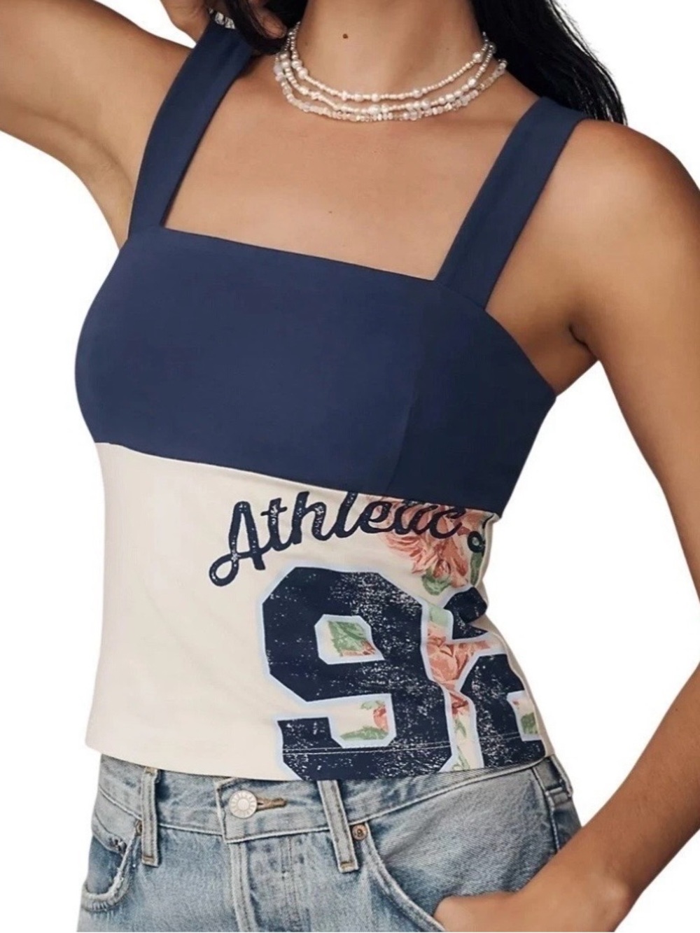 ANTHROPOLOGIE Reworked Sporty Tank Top Navy Floral Women Sz M Athletic Y2K Cute